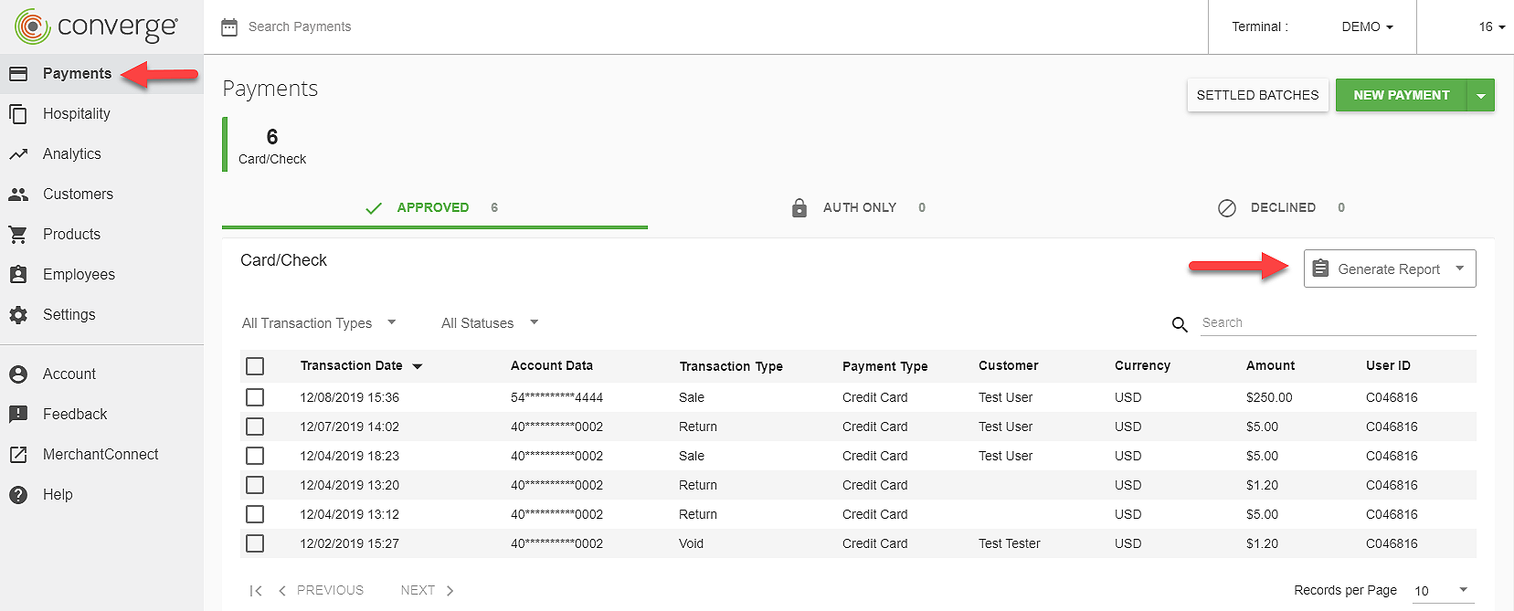 Click Payments located in the left menu under the Converge logo. Then, click Generate Report located on the right side of the screen under the Declined tab to access the drop-down menu.